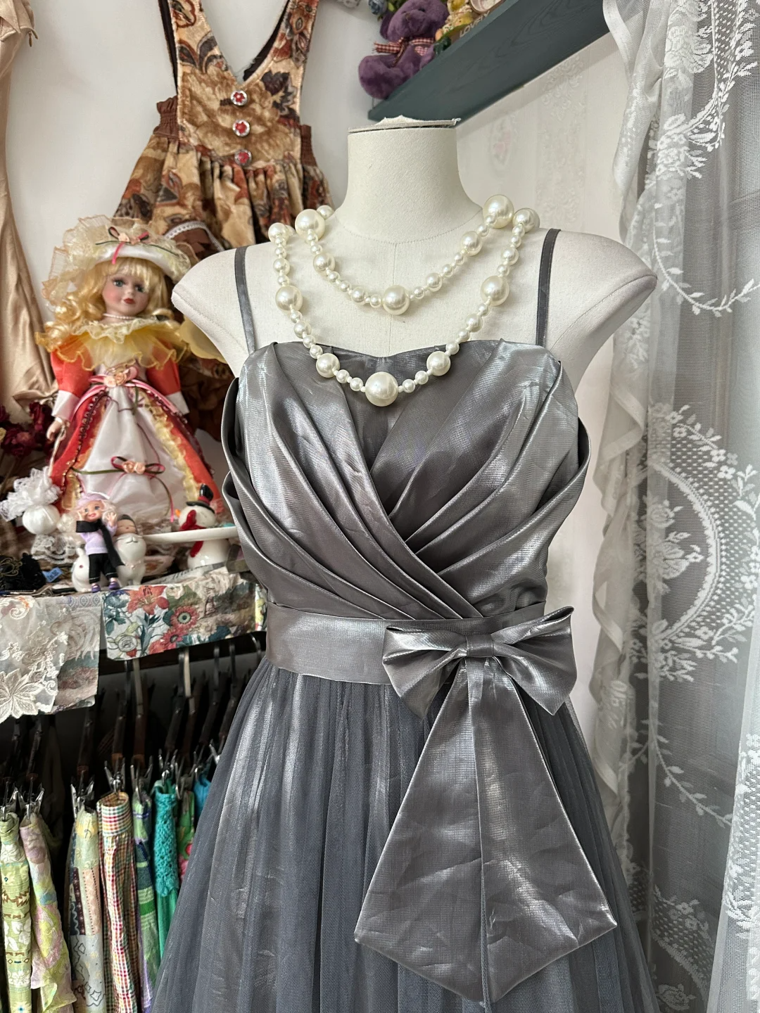 Spaghetti Straps Gray A Line Prom Dress Satin Formal Dress P389