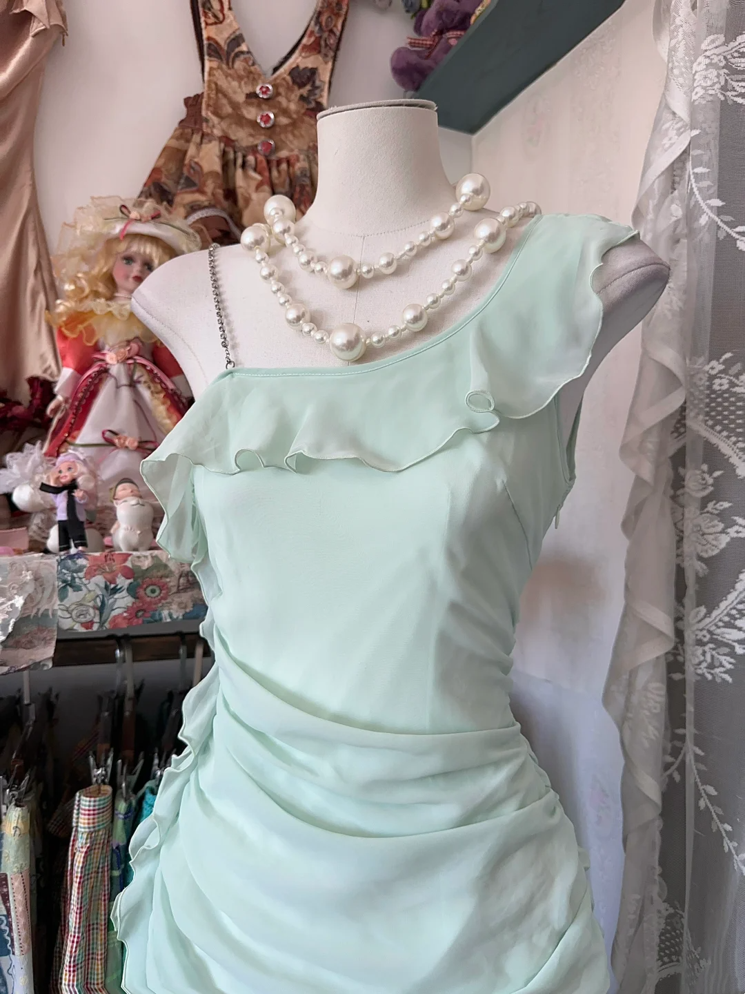 Ruffled Mint Green Chiffon Short Dress Birthday Outfit P398