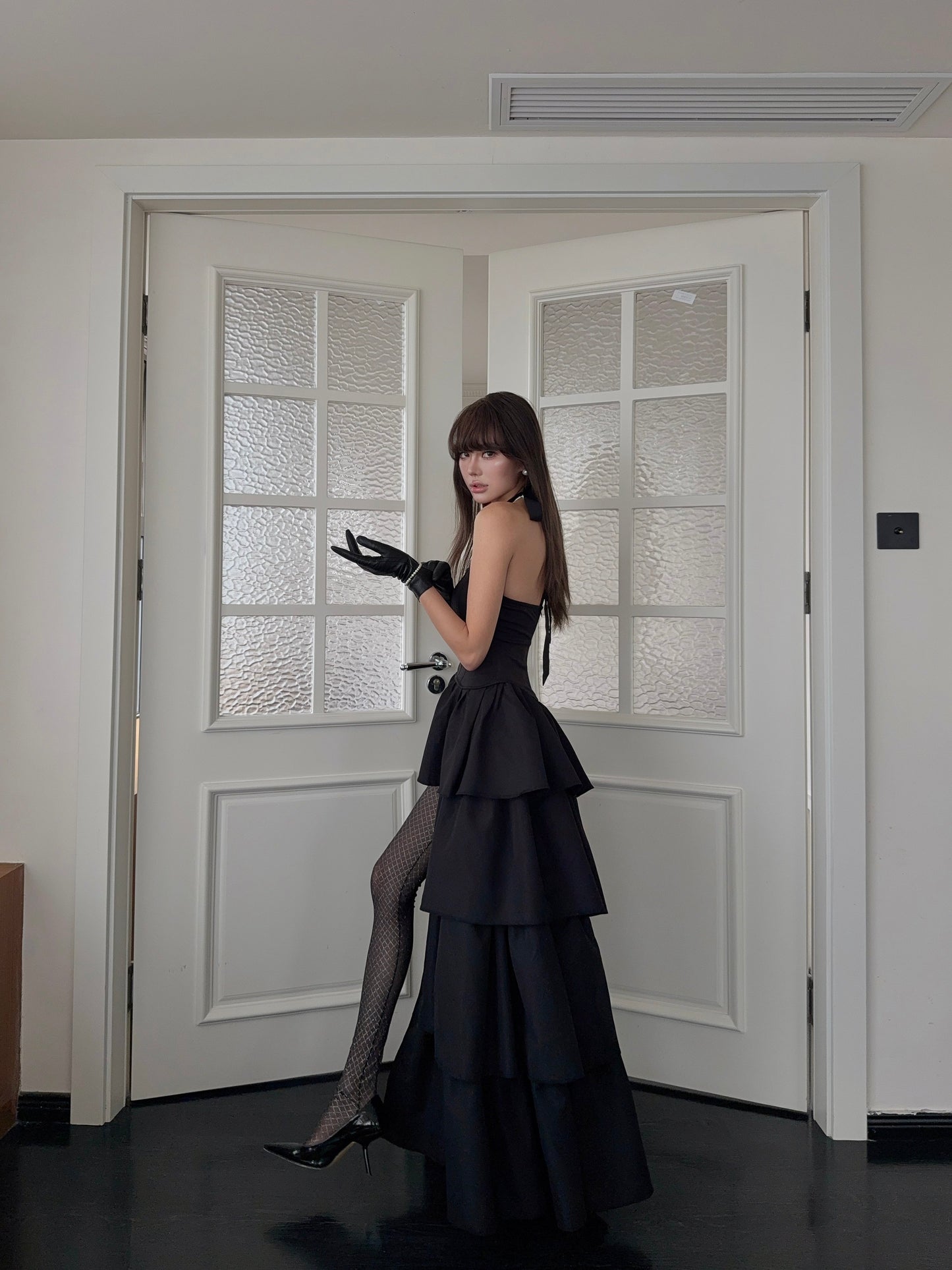 Halter Black Prom Dress Layered A Line Hight Low Party Dress P416