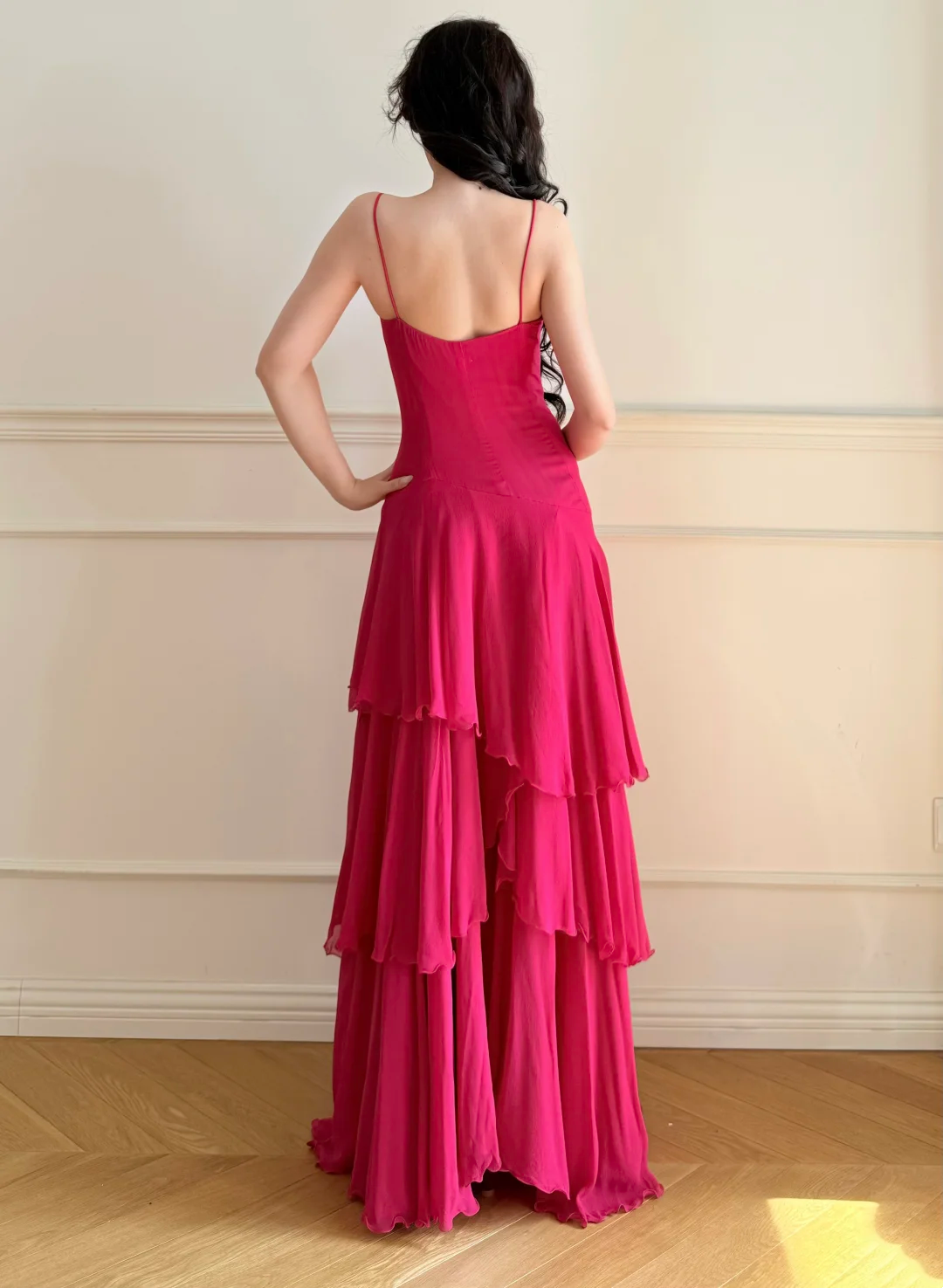 Spaghetti Straps Pink Layered Chiffon Prom Dress Ruffled Wedding Guest Dress P427