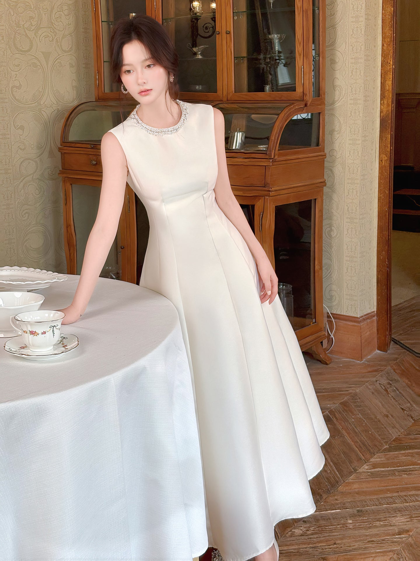 Beaded Round Neck Satin Birthday Dress Evening Dress P43