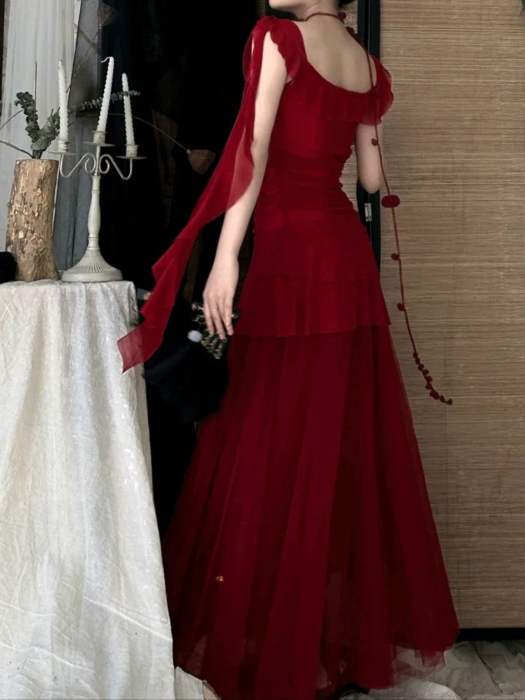 Burgundy Chiffon Ruffle Evening Dress With Flowers Retro Birthday Dress P431