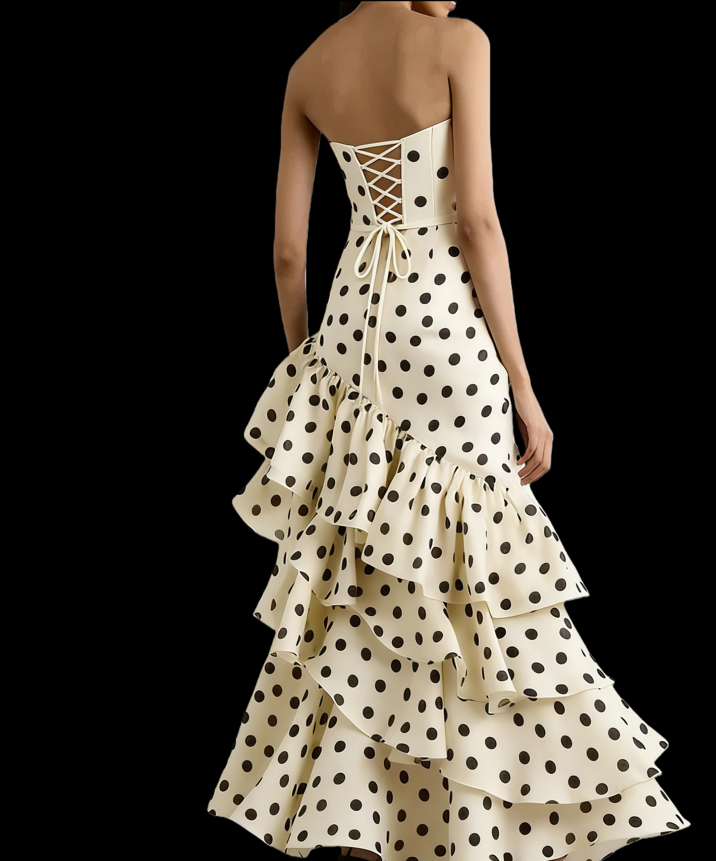 Strapless Layered Polka Dots Chiffon Prom Dress Ruffled Wedding Guest Dress P506