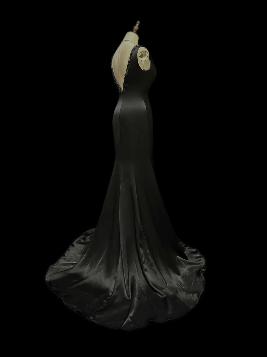 V Neck Black Satin Formal Dress Beaded Mermaid Evening Dress P549