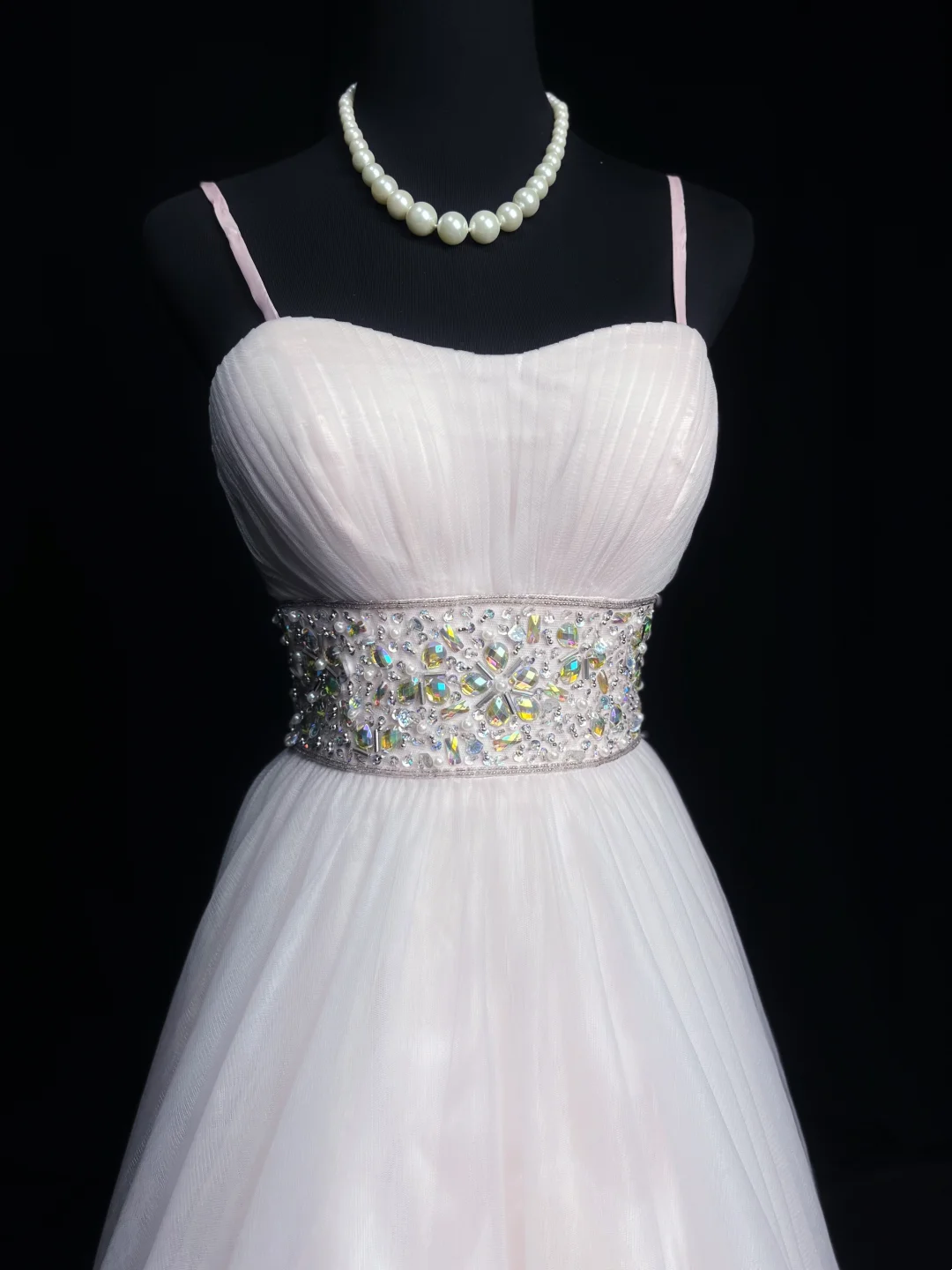 Spaghetti Straps A Line Pink Prom Dress Tulle Beaded Formal Dress P552