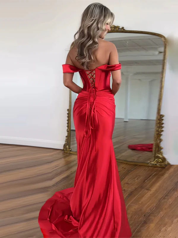 Off The Shoulder Red Mermaid Long Prom Dress With Slit Satin Formal Evening Dress P571