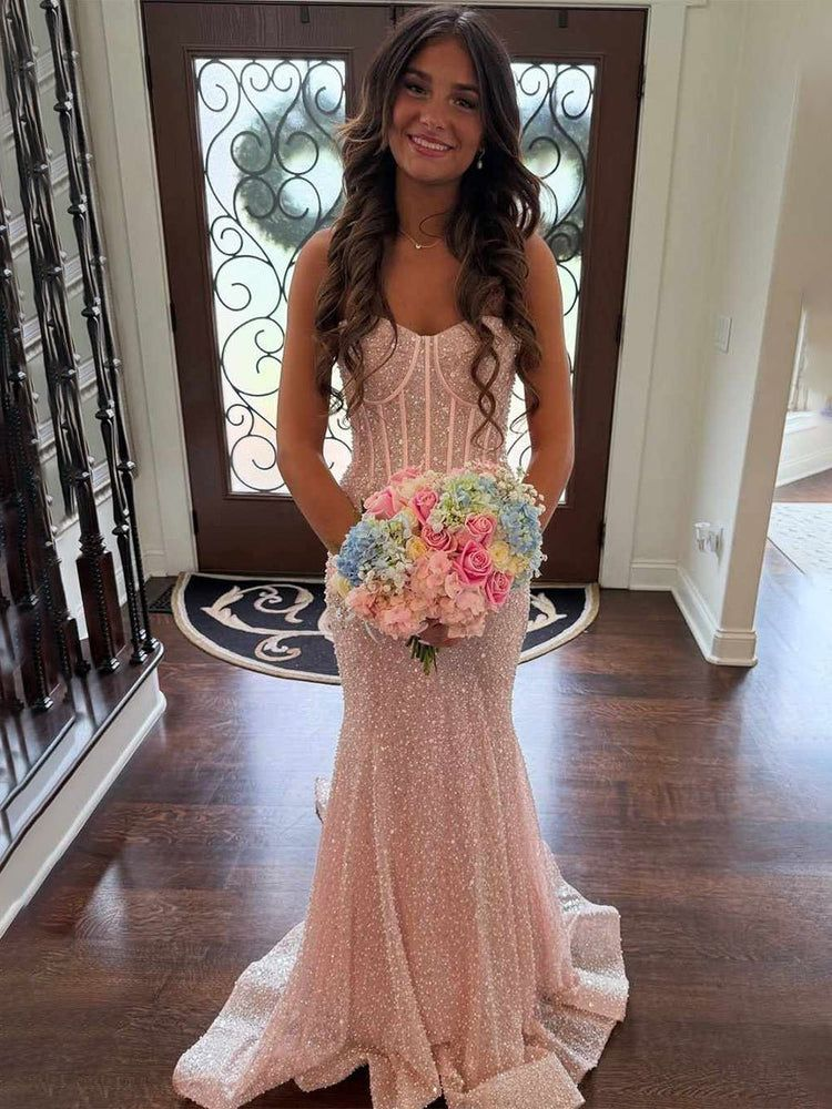 Sweetheart Pink Mermaid Sequined Prom Dresses Sparkle Evening Dress P575