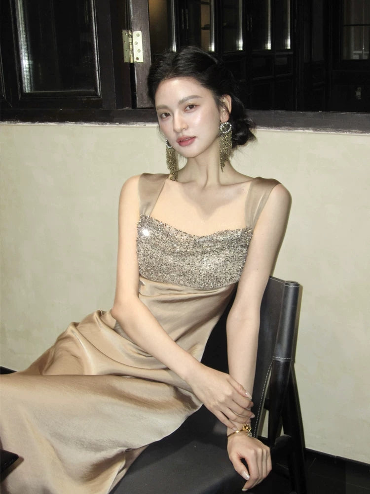 Champagne Sheath Satin Prom Dress Formal Party Dress Evening Dress P582