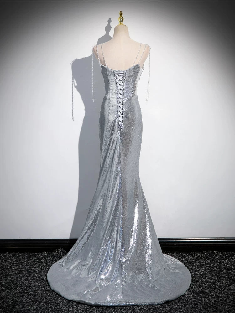 Silver Mermaid Sequins Prom Dress Sparkle Birthday Gown Evening Dress P585