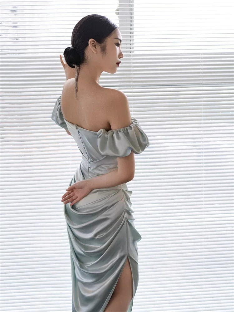 Off The Shoulder Gray Blue Prom Dress Satin Formal Evening Dress P594