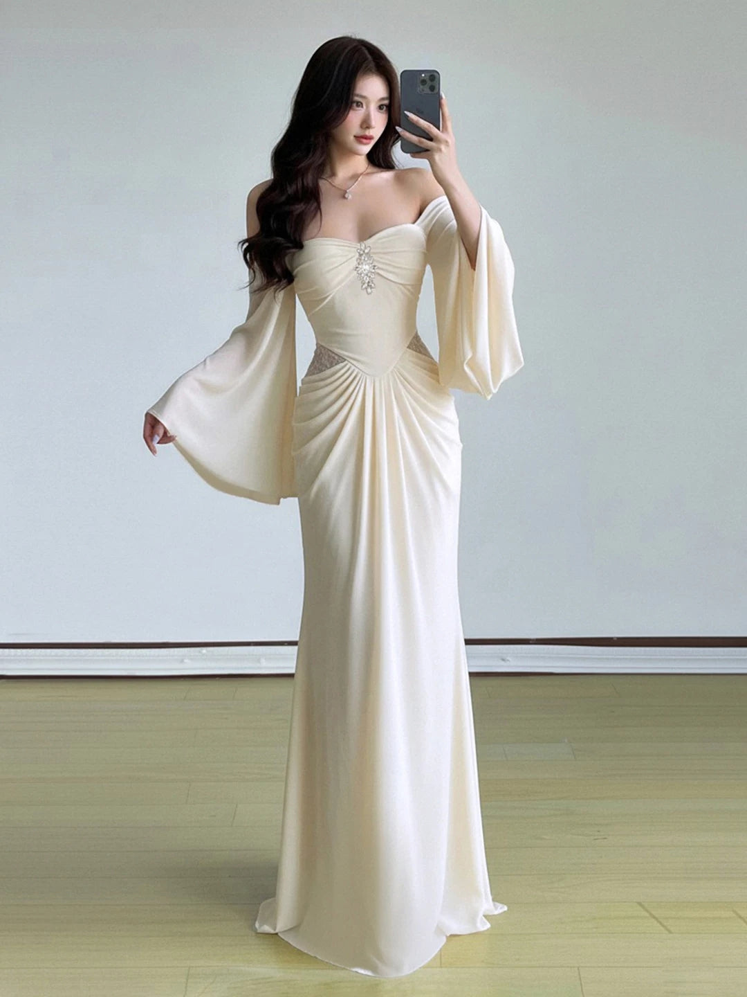 Off The Shoulder Purple Evening Dress Modest Chiffon Wedding Guest Dress P597