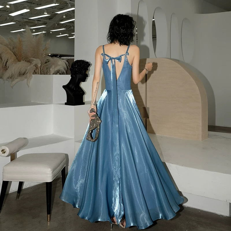 V Neck A Line Blue Formal Dress Wedding Guest Dress P598