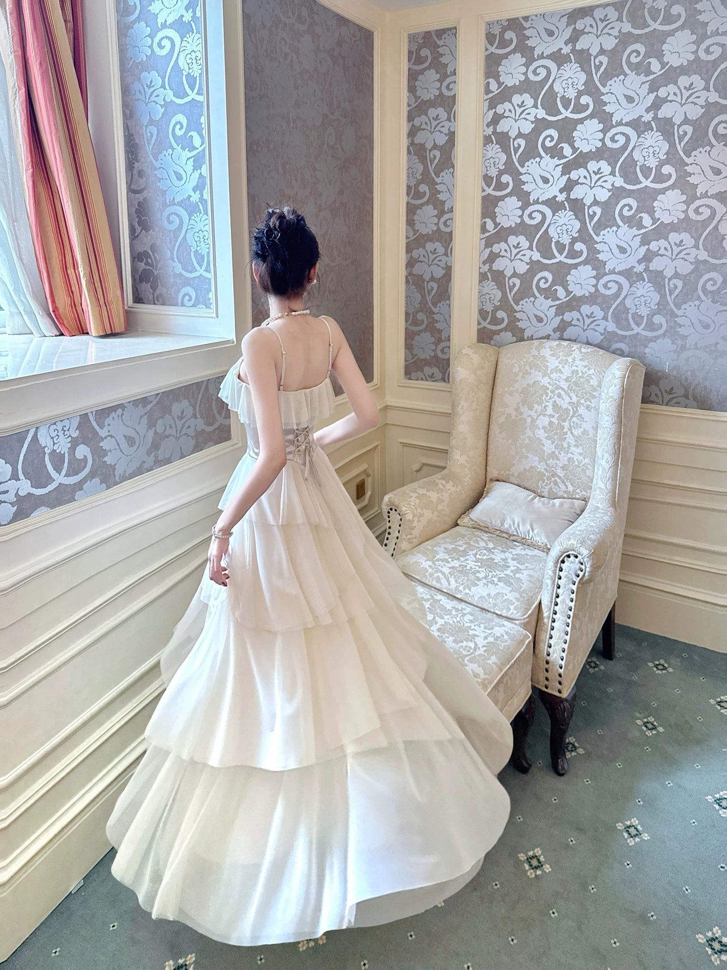 Light Champagne Chiffon Prom Dress Layered Formal Wedding Guest Dress P605