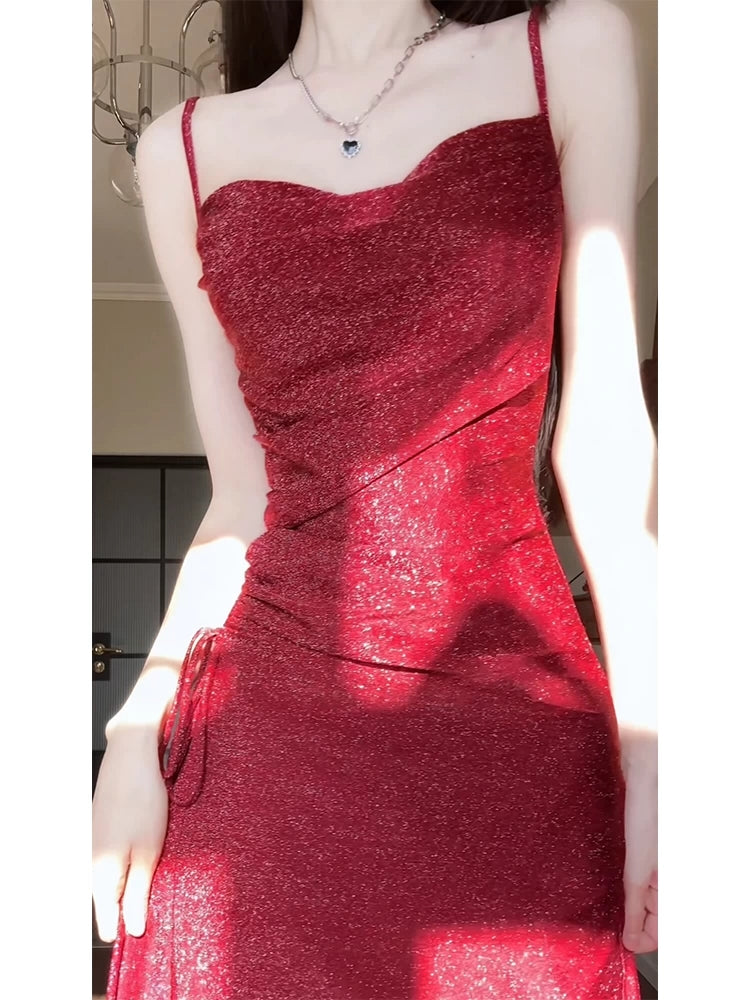 Spaghetti Straps Burgundy Prom Dress Sparkle Evening Dress P607