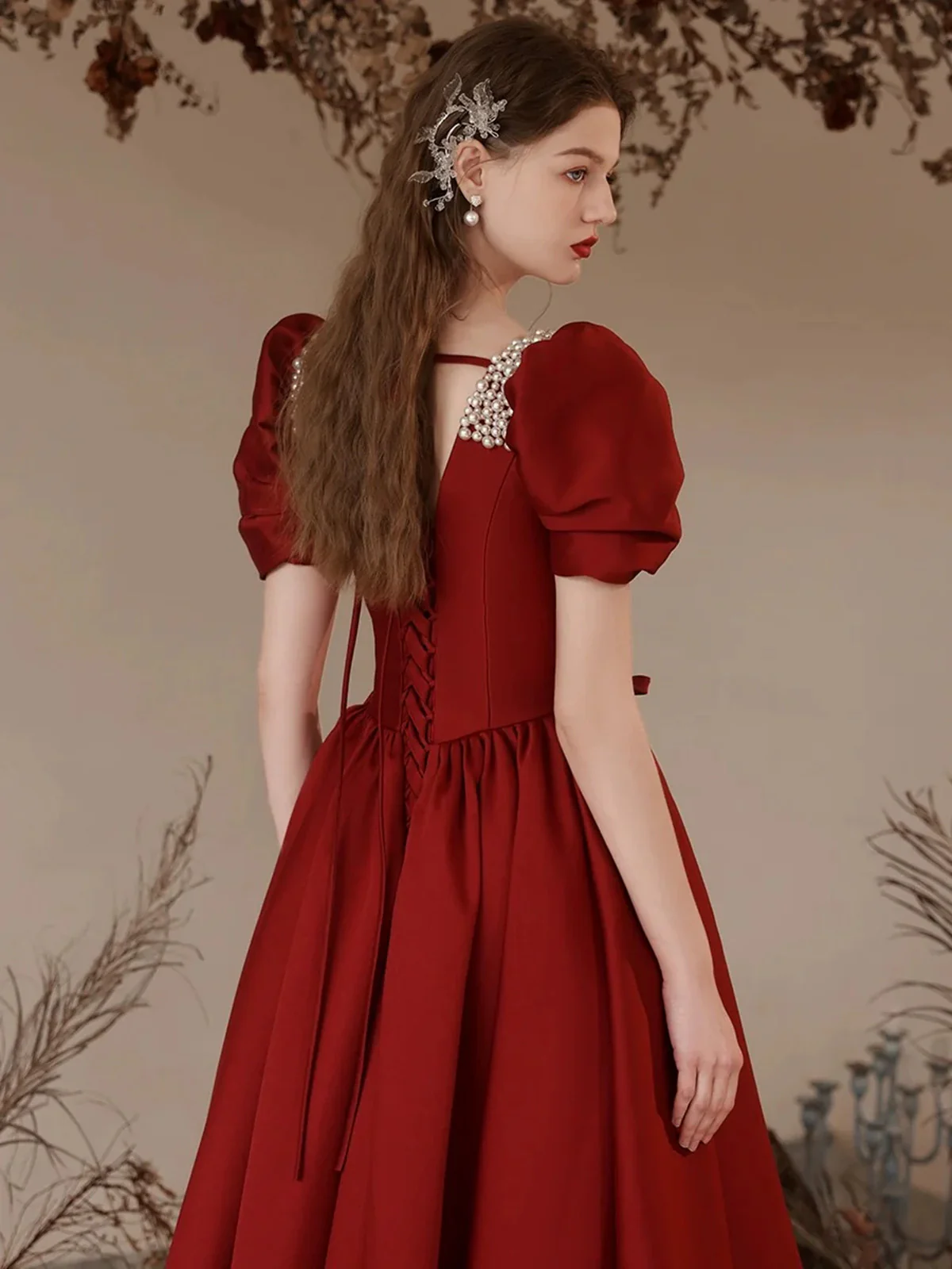 A Line Burgundy Prom Dress With Short Sleeves Pearls Beaded Evening Dress P609
