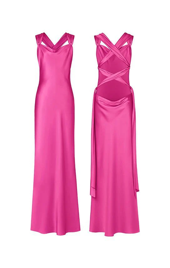 Hot Pink Backless Satin Long Prom Dress Wedding Guest Dress P611