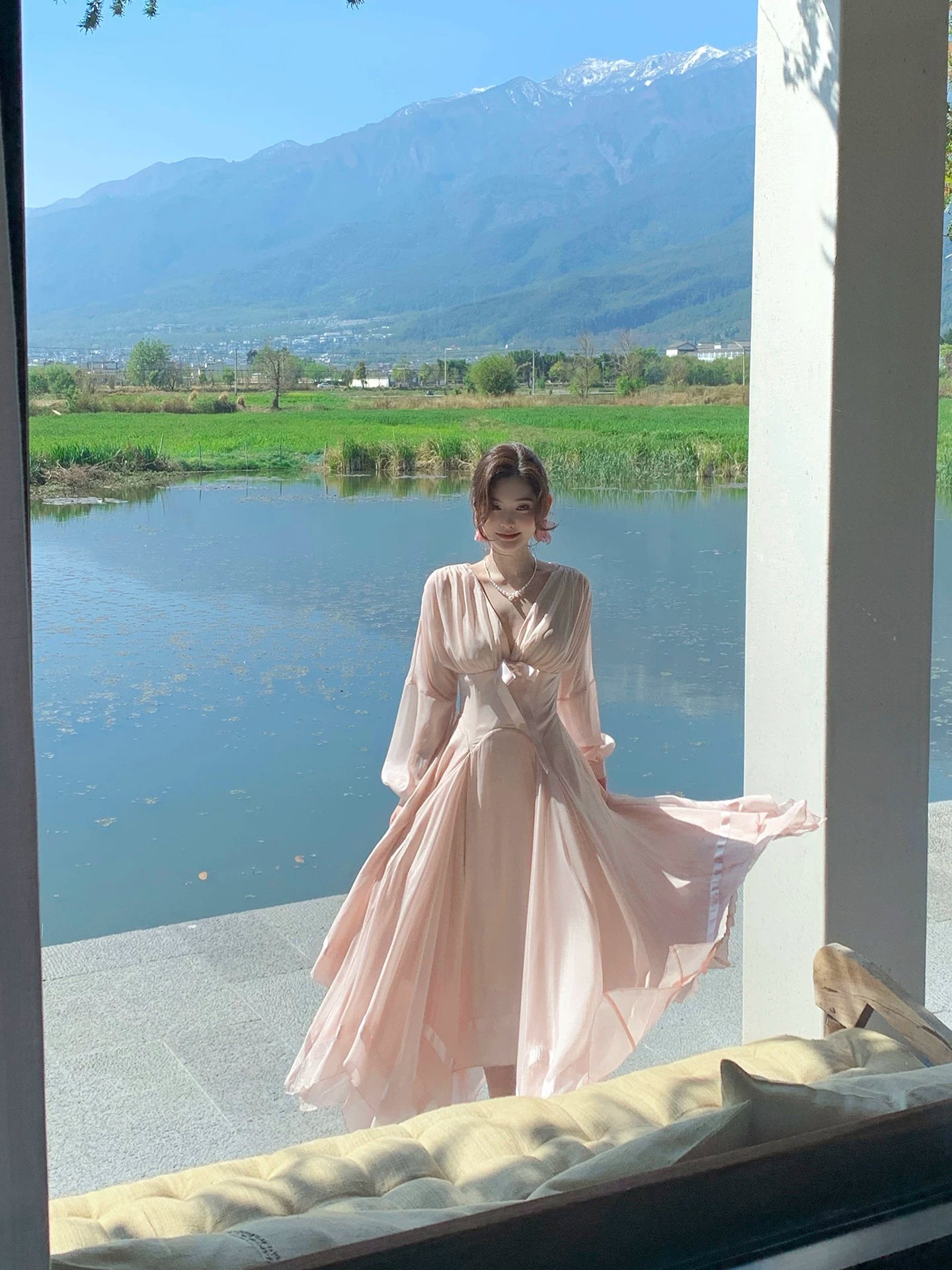 Pink Mesh Long-sleeved Dress Fairy Dress for Vacation L103