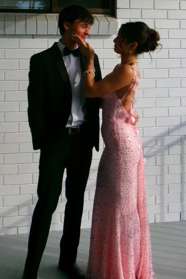Pink Sparkly Sequined Backless Mermaid Long Prom Dress P2442