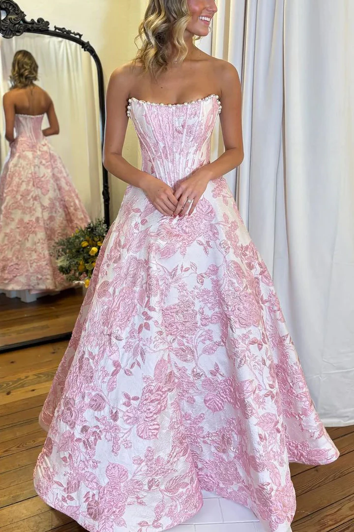 Pink Strapless A-Line Jacquard Long Prom Dress P854