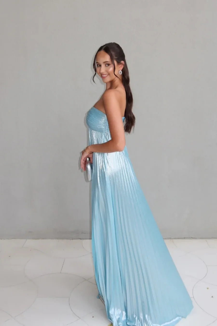 Pleated Blue A-Line Sweetheart Strapless Formal Prom Dress With Slit P1014