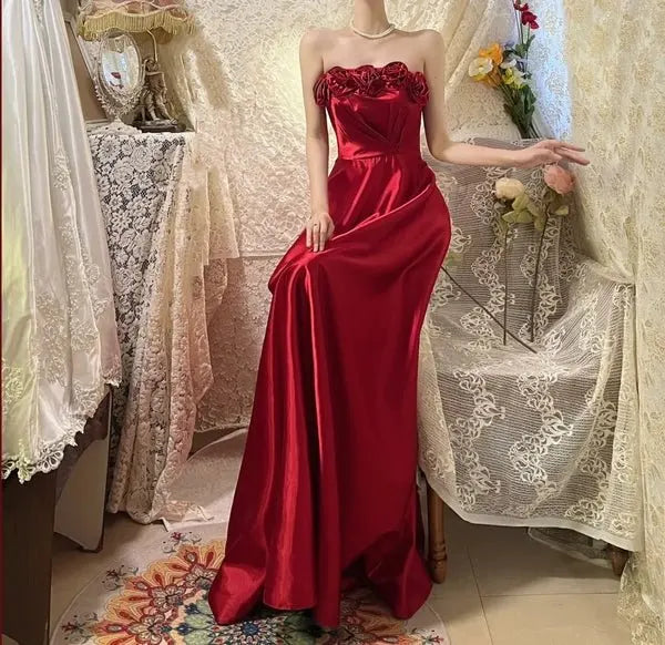 Red Retro Long Elegant Satin Evening Dress Formal Prom Dress P1177