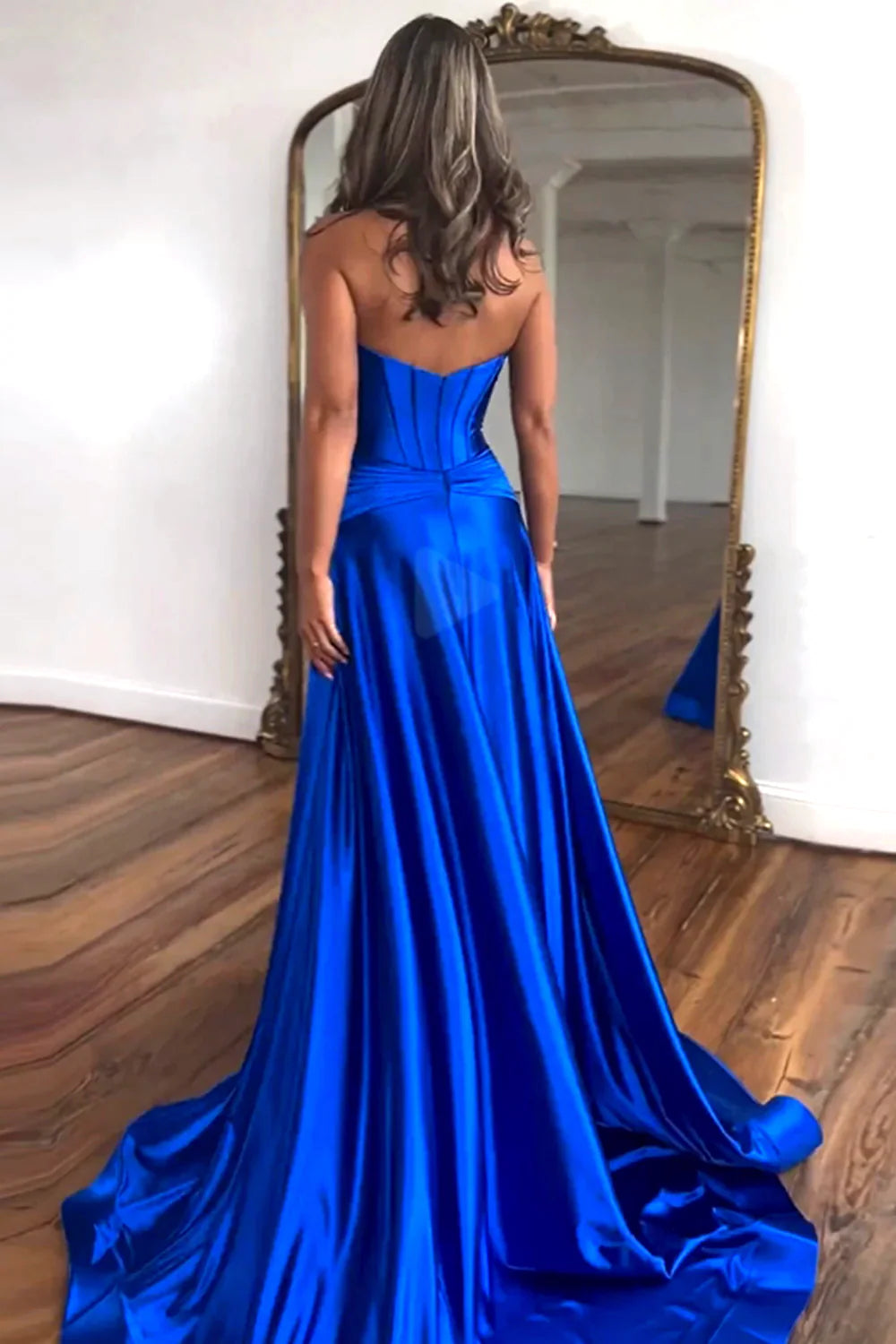 Royal Blue Satin Prom Dress Strapless A-Line Satin Evening Dress P966