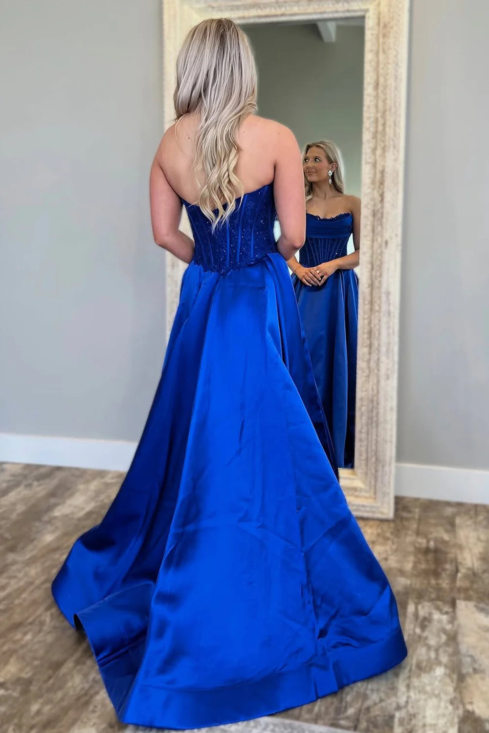 Royal Blue Satin Strapless A-Line Prom Dress P969