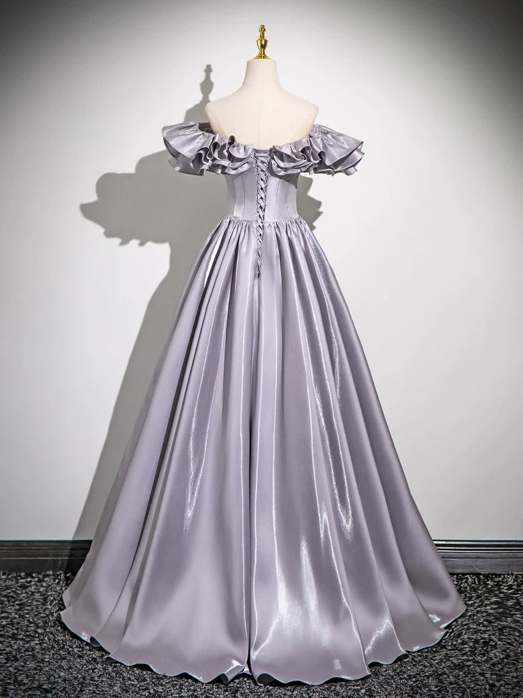 Ruffled Off The Shoulder A Line Lilac Prom Dress Formal Evening Gown P1272