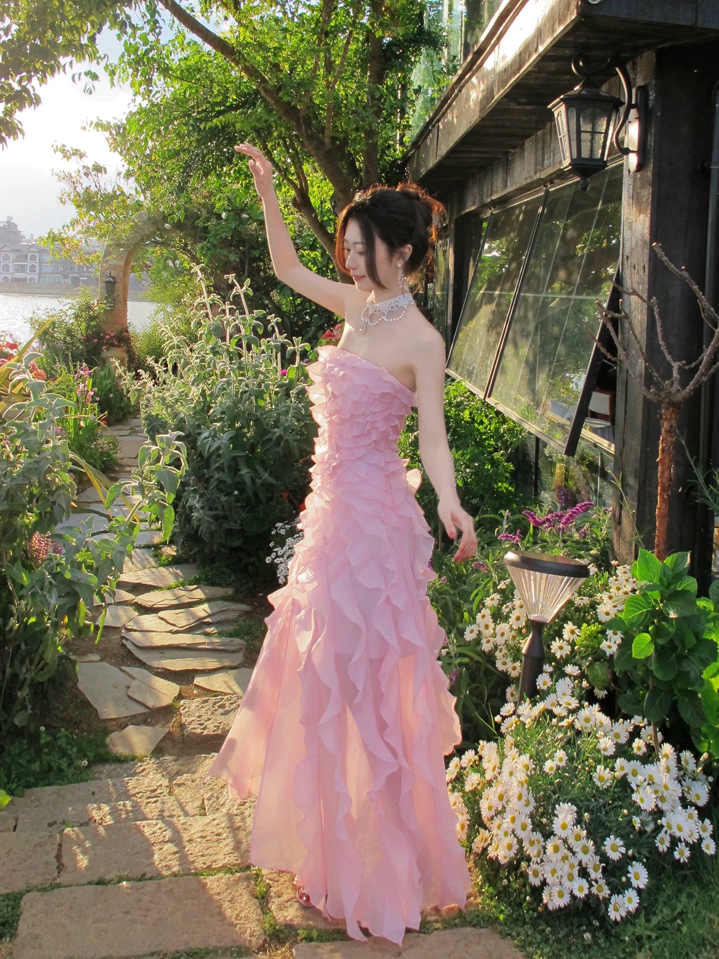 Ruffled Pink A Line Prom Dress Chiffon Wedding Guest Dress P1277