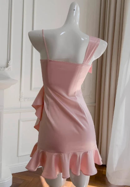 Ruffled Pink Satin Homecoming Dress Sheath Mini Birthday Dress P2158