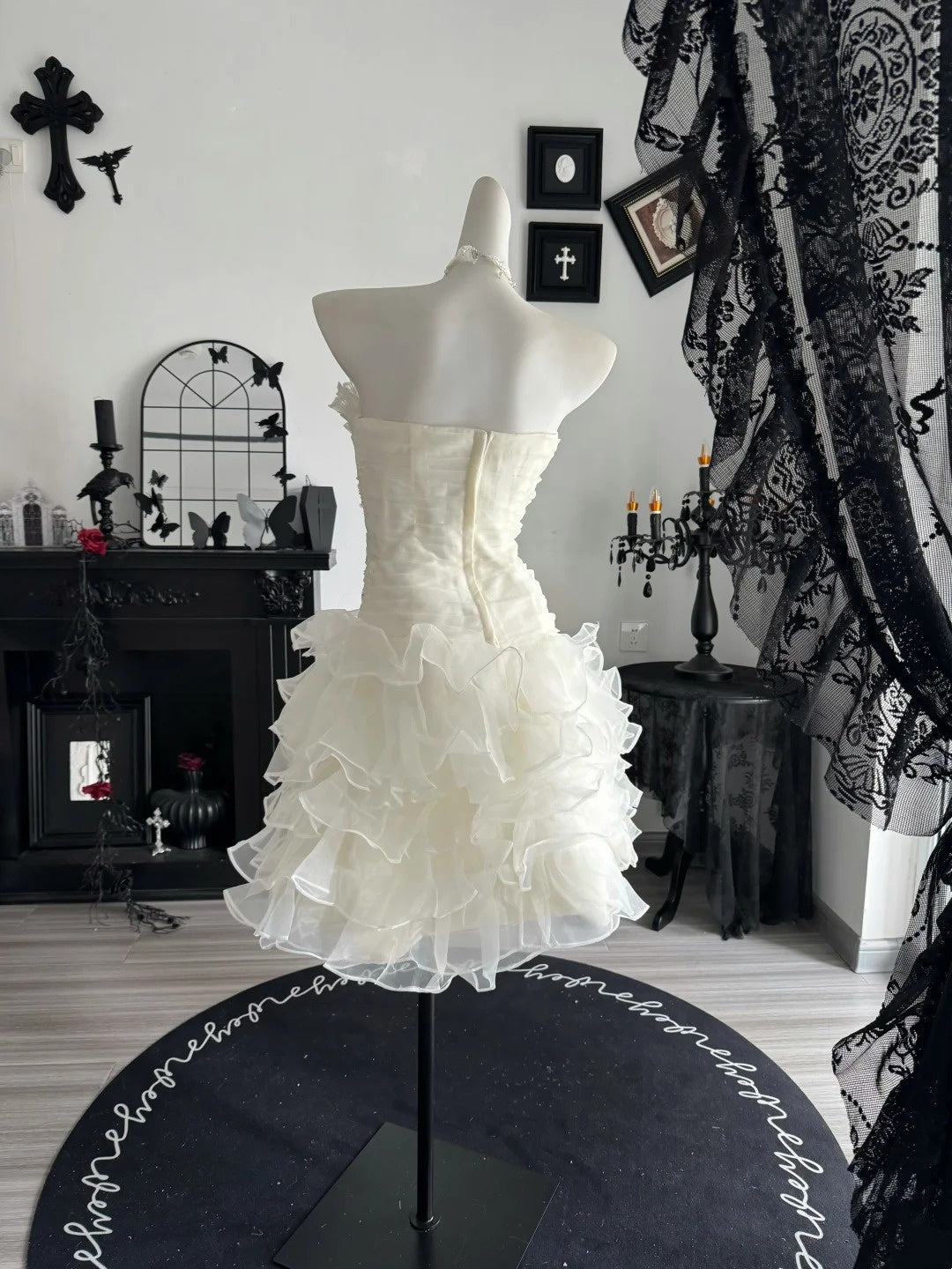 Ruffled Strapless White Birthday Dress Layered Wedding Dress P2673