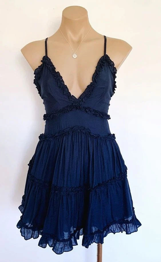 Ruffled V Neck Navy Blue Homecoming Dress Short Cocktail Dress P2105