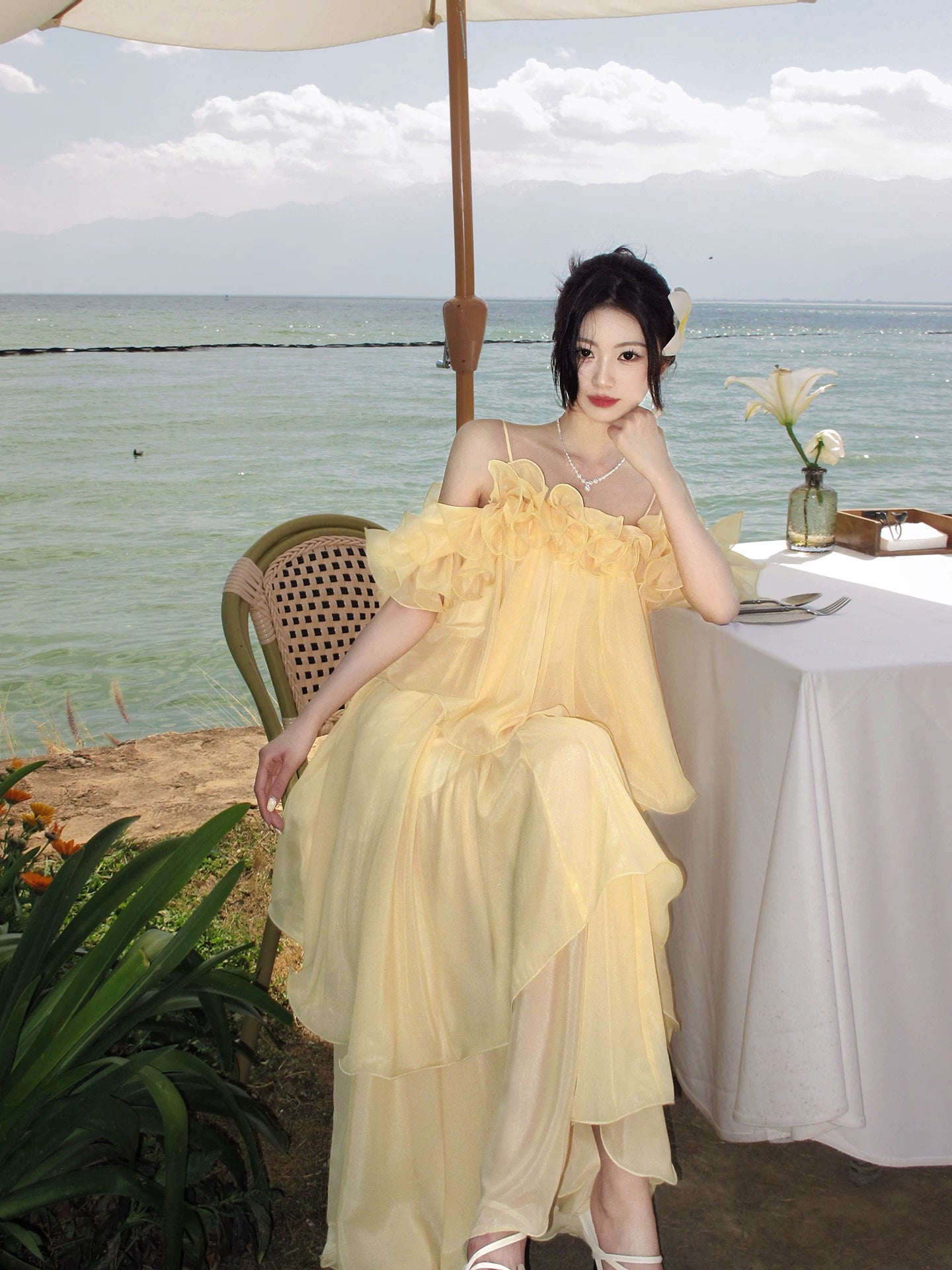 Ruffled Yellow Wedding Guest Dress Chiffon Formal Dress P1275