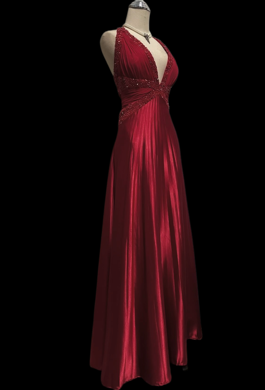 Sequined Halter V Neck Red Satin Prom Dress Open Back Evening Dress P1053