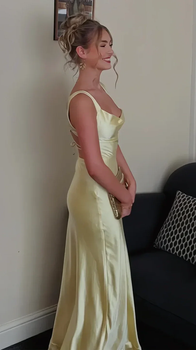 Sheath Square Neck Yellow Long Prom Dress Backless Party Dress P816