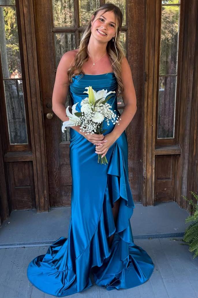 Simple Strapless Ruffles Satin High Slit Long Formal Prom Dress P2584