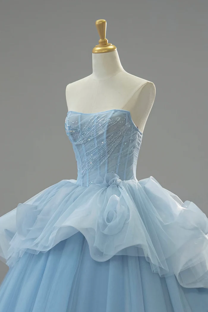 Sky Blue Ball Gown Tulle Prom Dress Strapless Formal Evening Dress P648