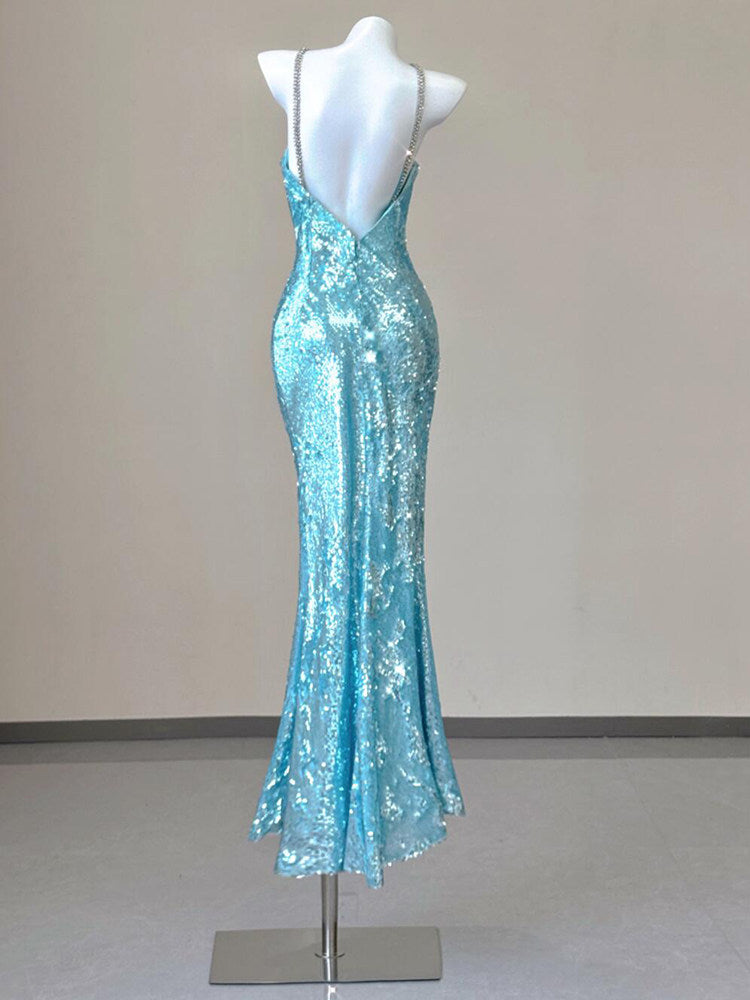 Sky Blue Sequin Mermaid Evening Dress Backless Sparkle Prom Dress P785