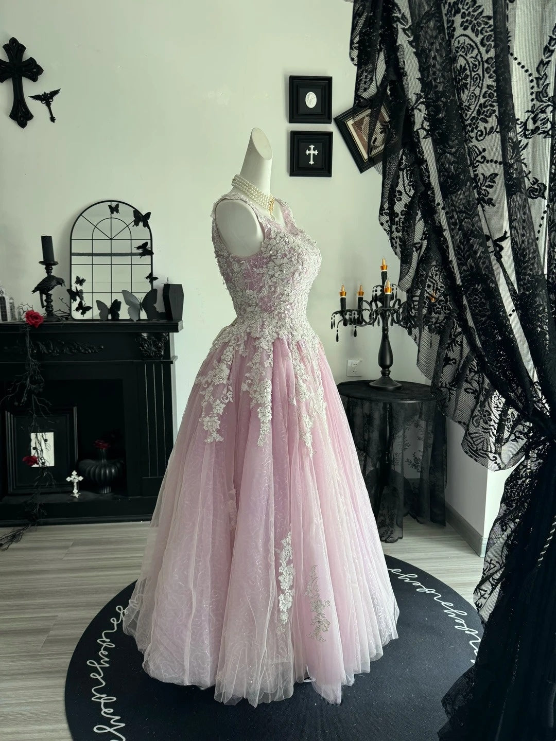 Sleeveless A Line Pink Tulle Prom Dress With Appliques Birthday Gown P2657