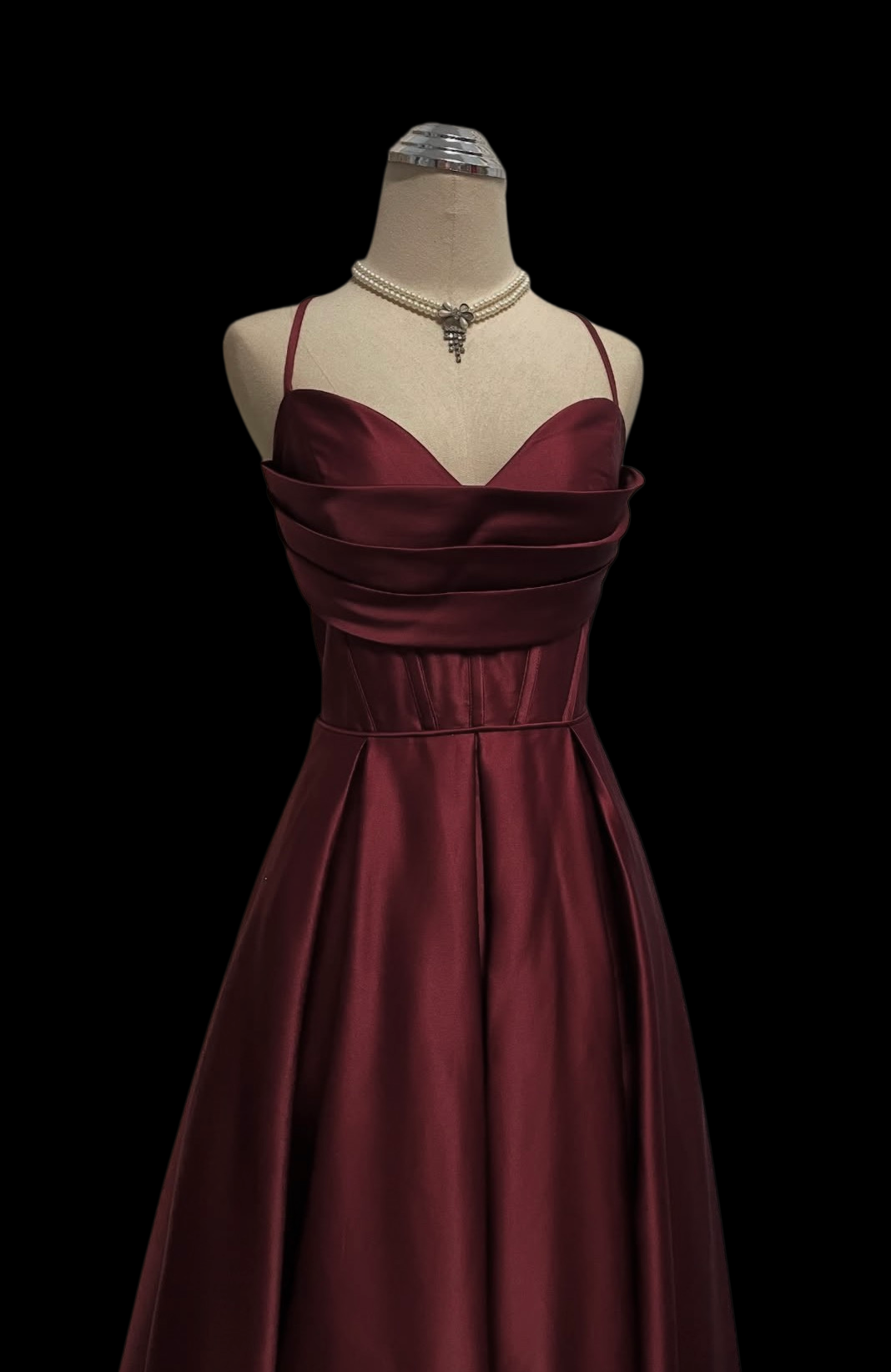 Spaghetti Strap A Line Burgundy Satin Prom Dress P1054