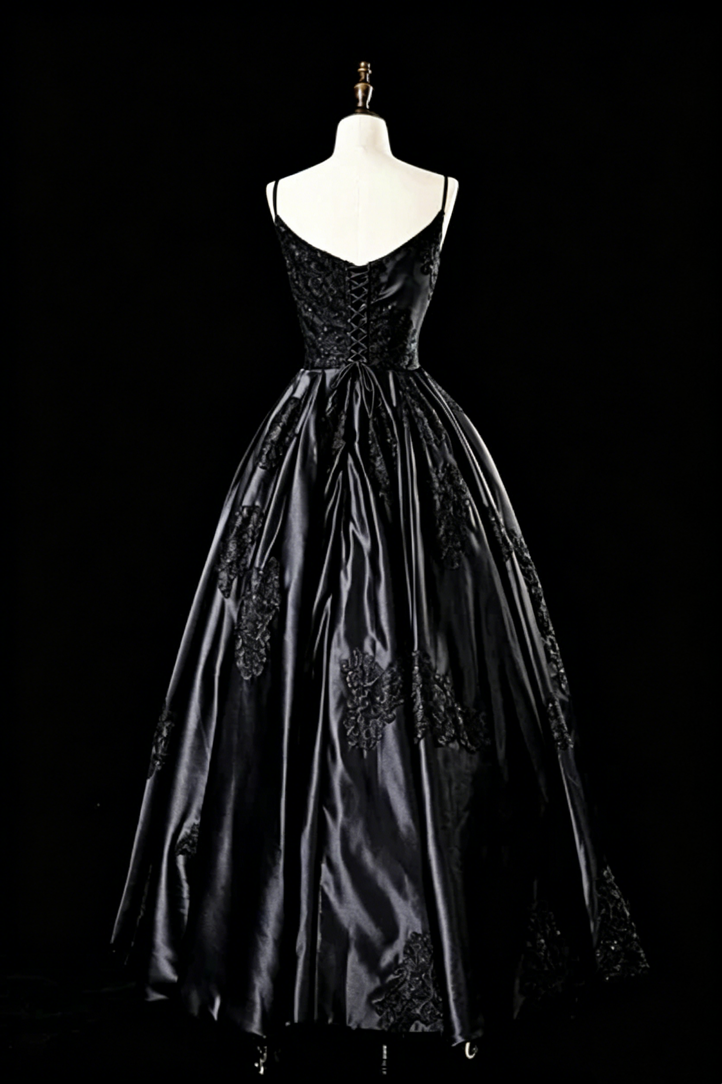 Spaghetti Strap Black Satin Prom Dress With Appliques P1290