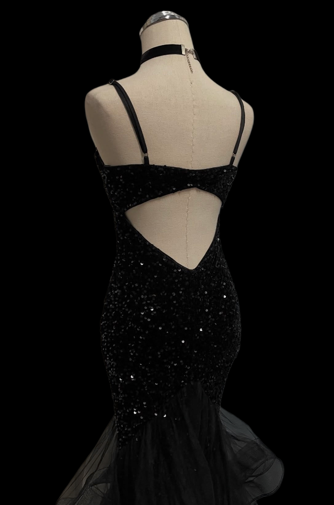 Spaghetti Strap Black Sequins Mermaid Prom Dress Formal Evening Dress P1060