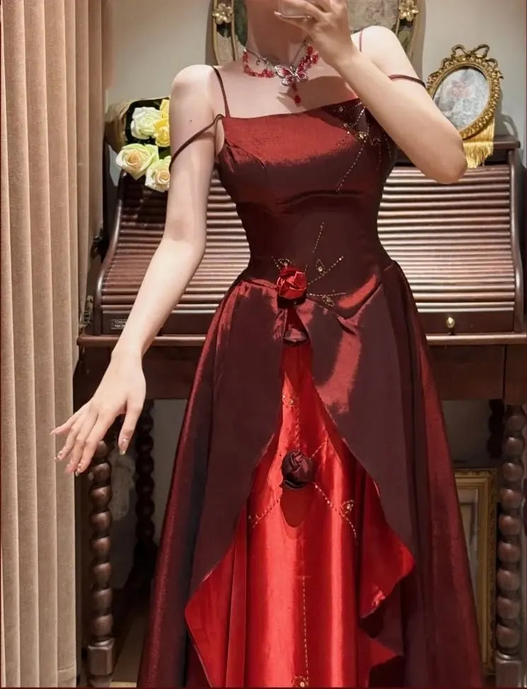 Spaghetti Strap Burgundy A Line Prom Dress Retro Birthday Dress P1173