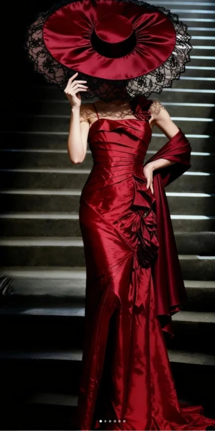 Spaghetti Strap Burgundy Long Prom Dresses Satin Evening Dresses P895