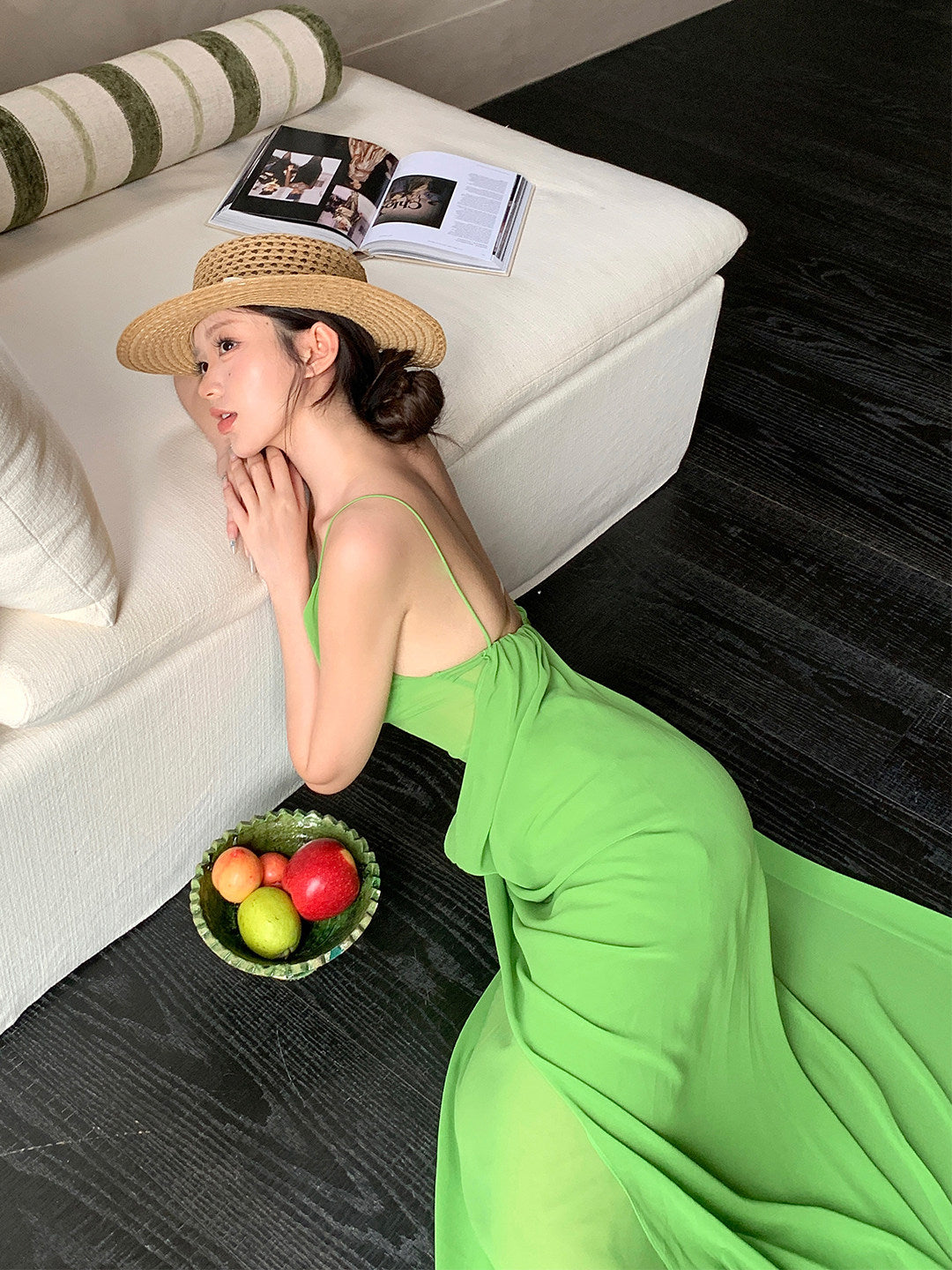Spaghetti Strap Green Chiffon Formal Dress Summer Dress L80