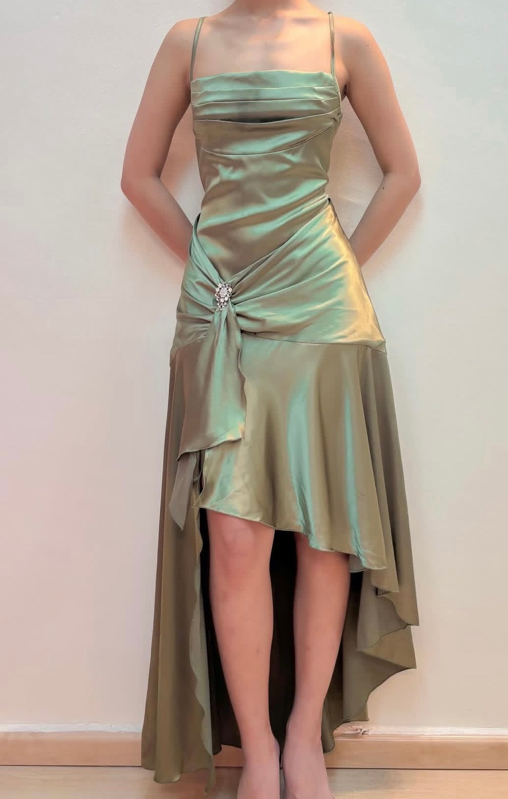 Spaghetti Strap Green Satin Prom Dress Formal Party Dress P898