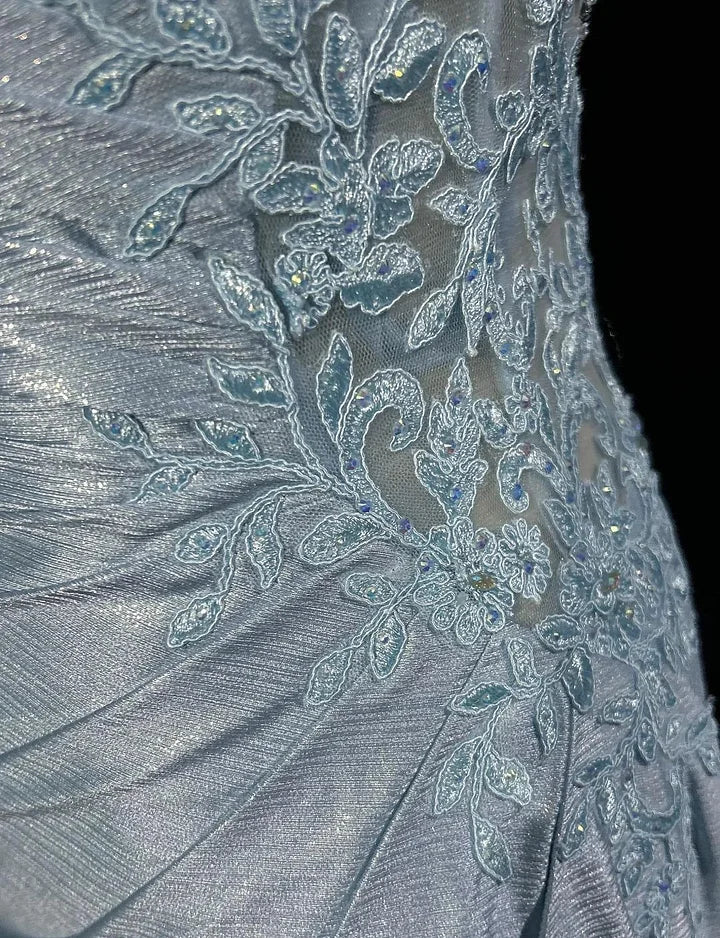 Spaghetti Strap Mermaid Satin Long Prom Backless Applique Evening Gown P893