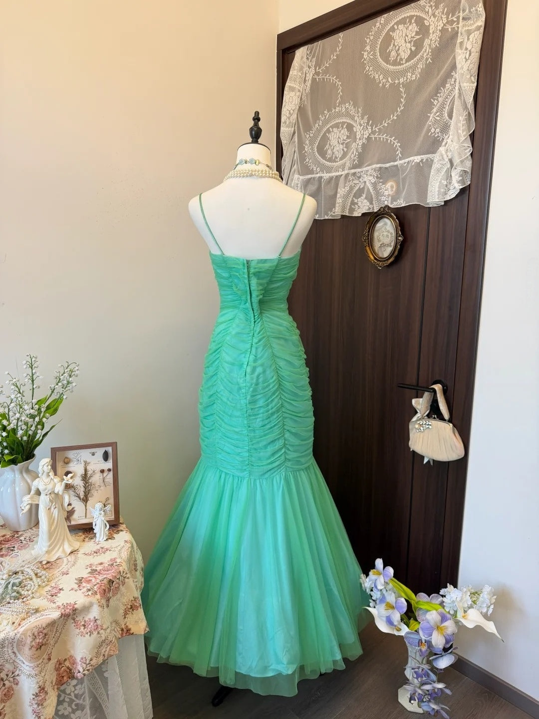 Spaghetti Strap Mint Green Mermaid Prom Dress Formal Evening Dress P1713