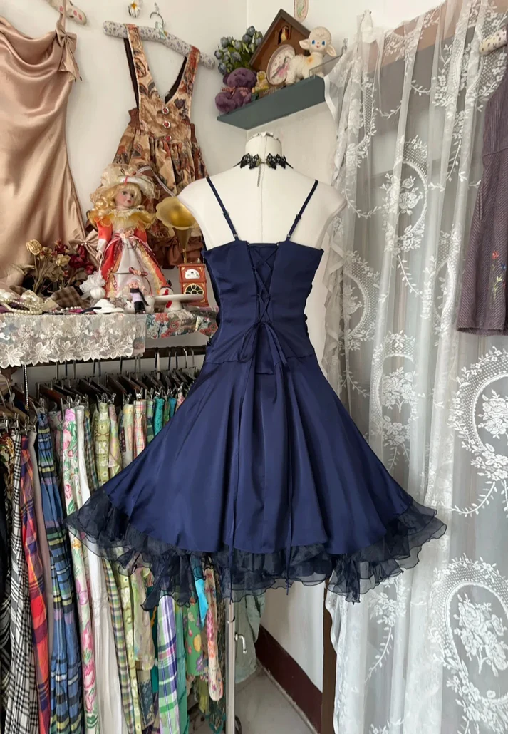 Spaghetti Strap Navy Blue A Line Short Homecoming Dress P1215
