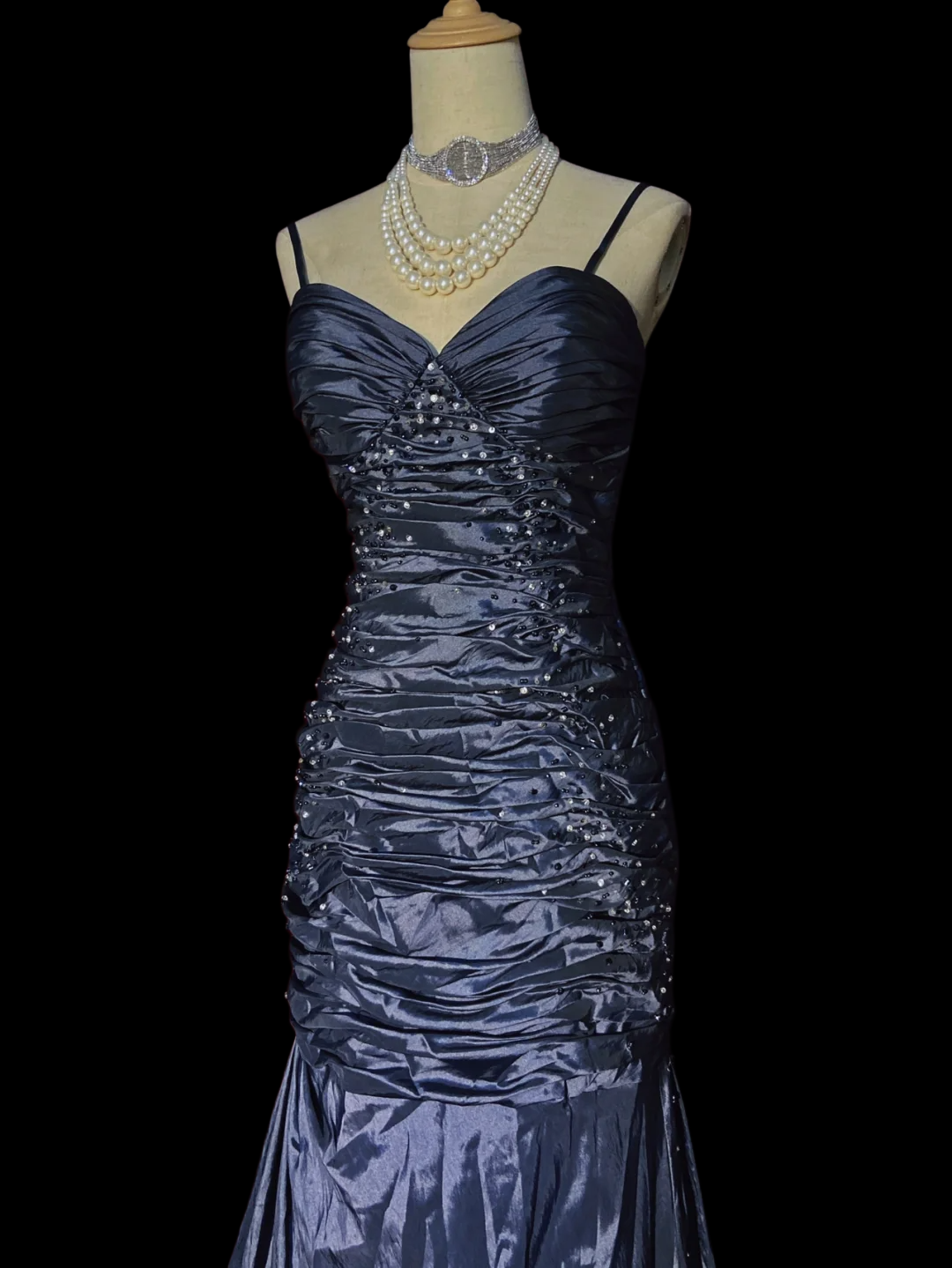 Spaghetti Strap Navy Blue Mermaid Prom Dress Taffeta Formal Dress P929